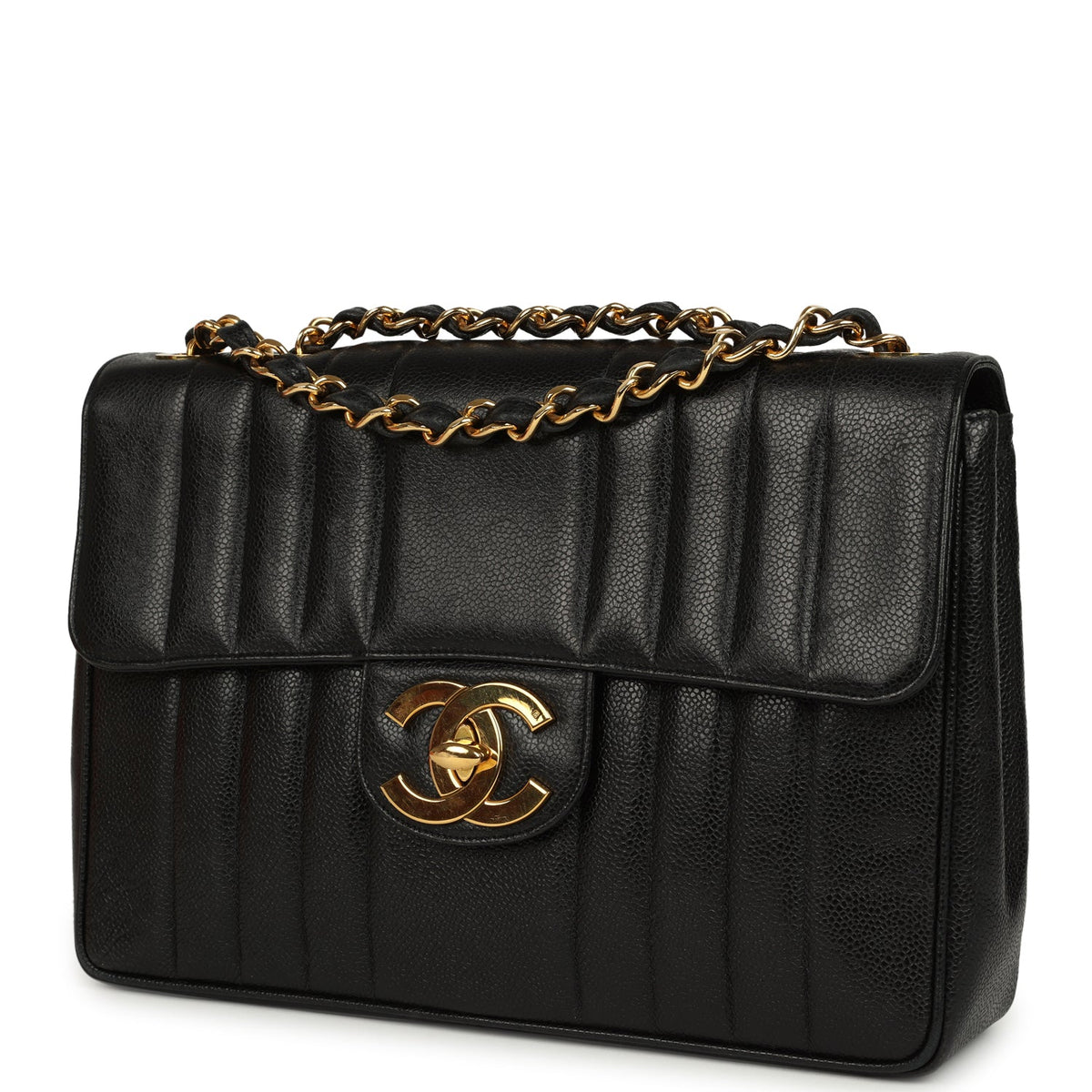 Vintage Chanel Jumbo Classic Mademoiselle Vertical Flap Black Caviar Gold Hardware