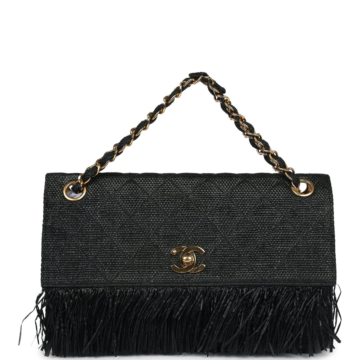Vintage Chanel Quilted Fringe Single Flap Bag Black Raffia Gold Hardware