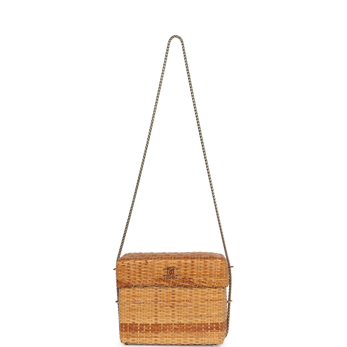 Vintage Chanel Small Picnic Basket Bag Natural Wicker Gold Hardware