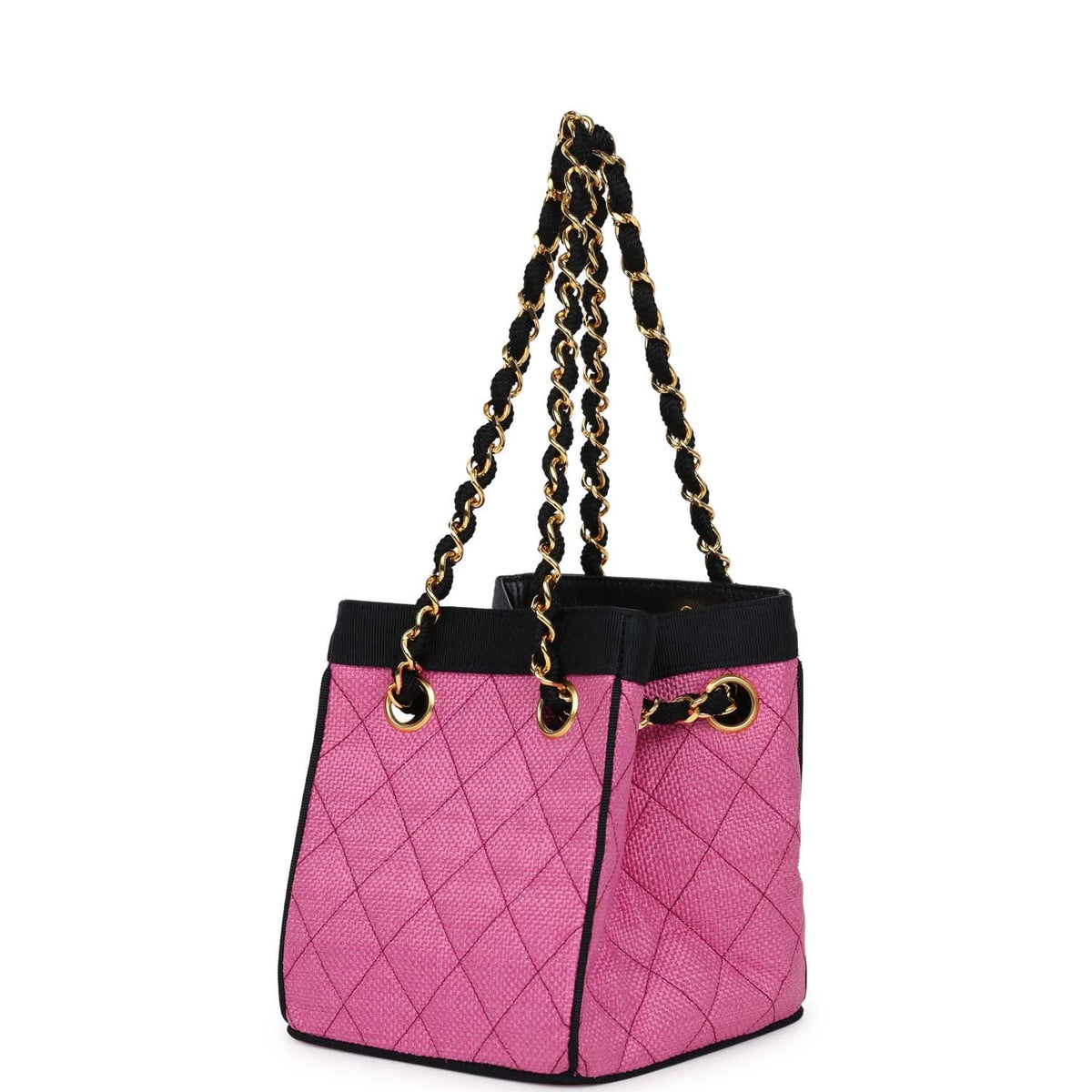 Vintage Chanel Set of Two Mini Bucket Bag & Oval Handbag Pink and Black Raffia Gold Hardware