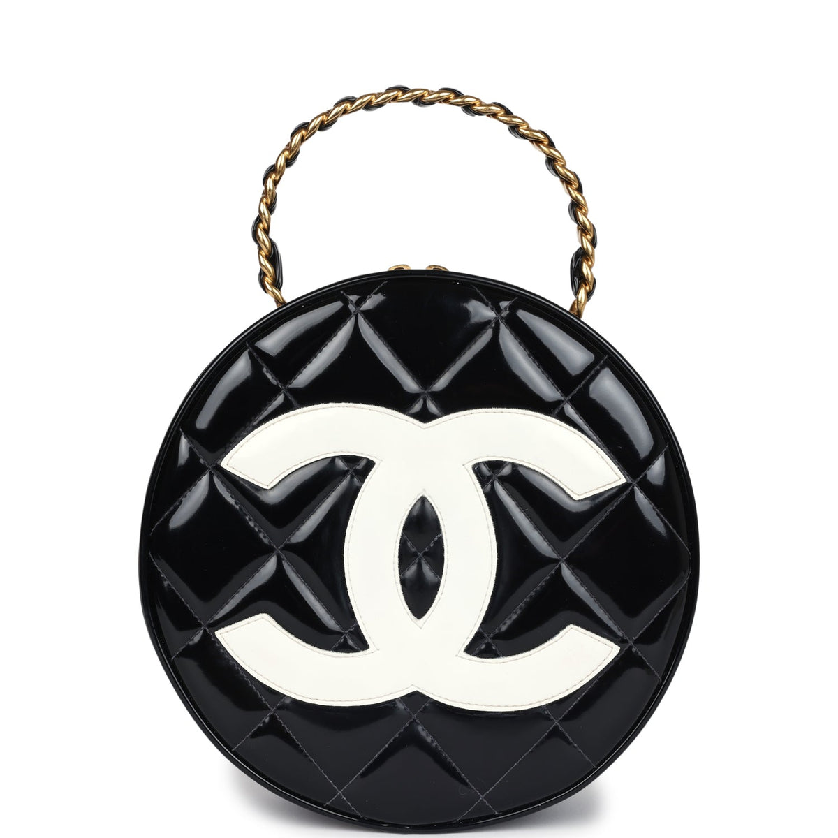 Vintage Chanel Round Vanity Bag Black, White Patent Leather Antique Gold Hardware