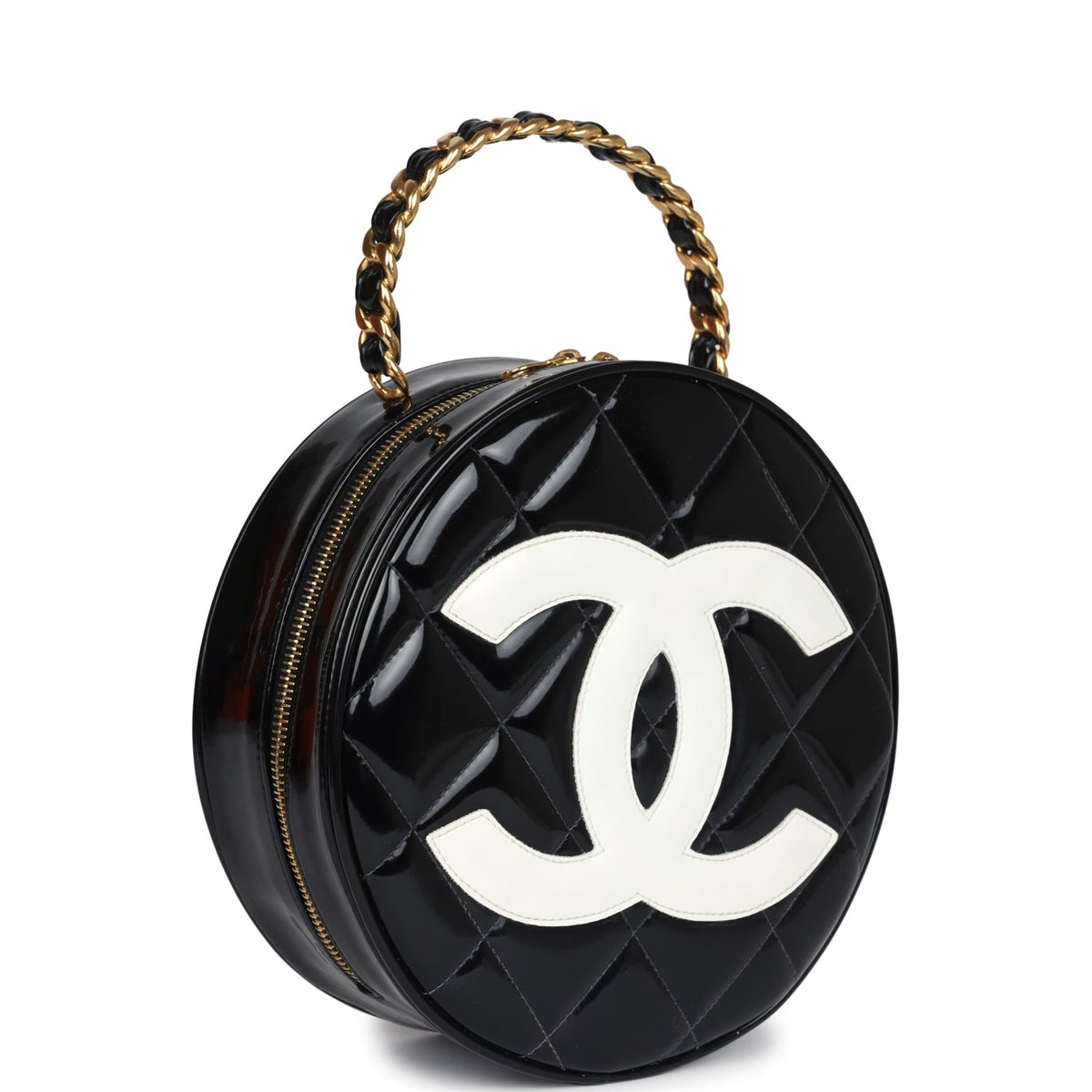 Vintage Chanel Round Vanity Bag Black, White Patent Leather Antique Gold Hardware