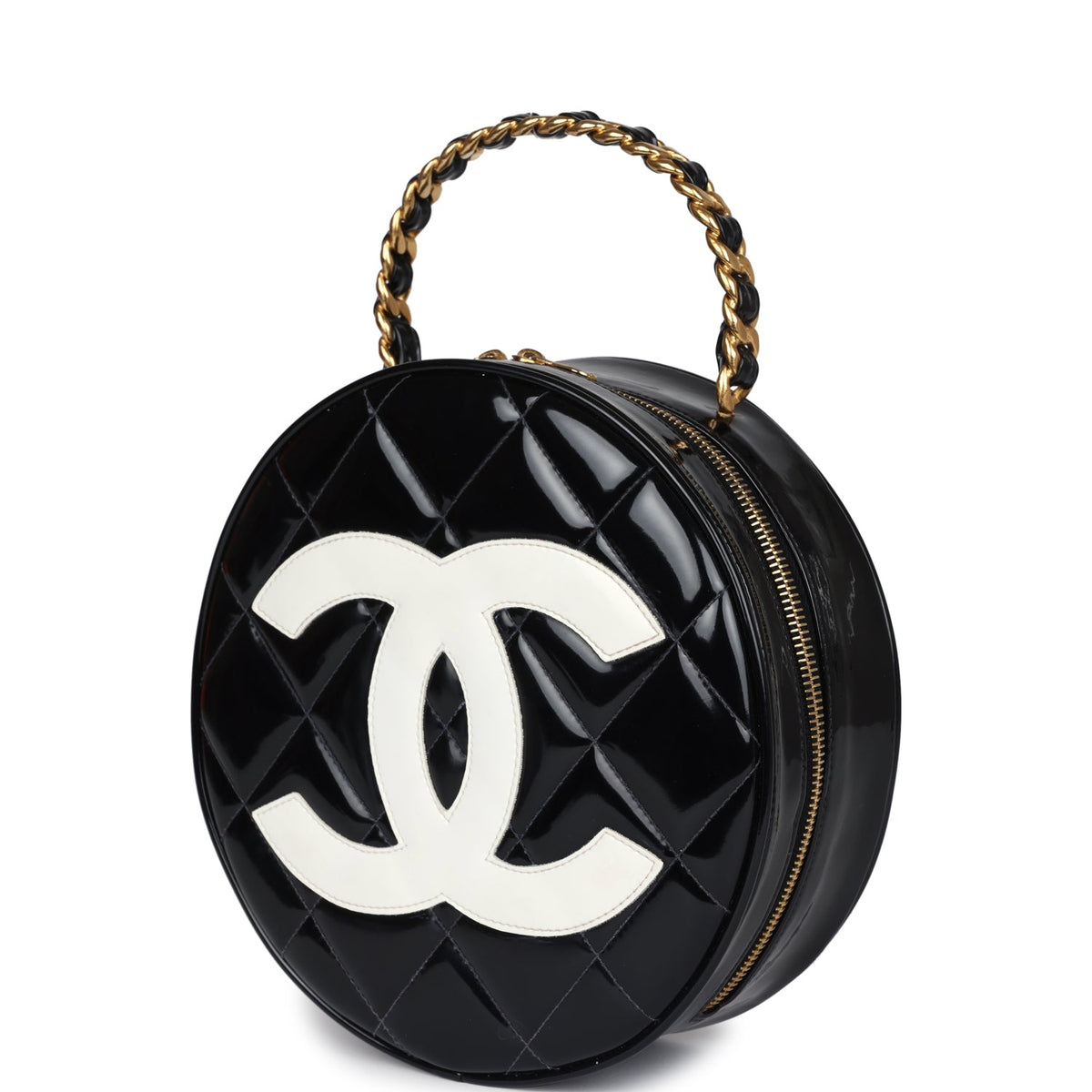 Vintage Chanel Round Vanity Bag Black, White Patent Leather Antique Gold Hardware