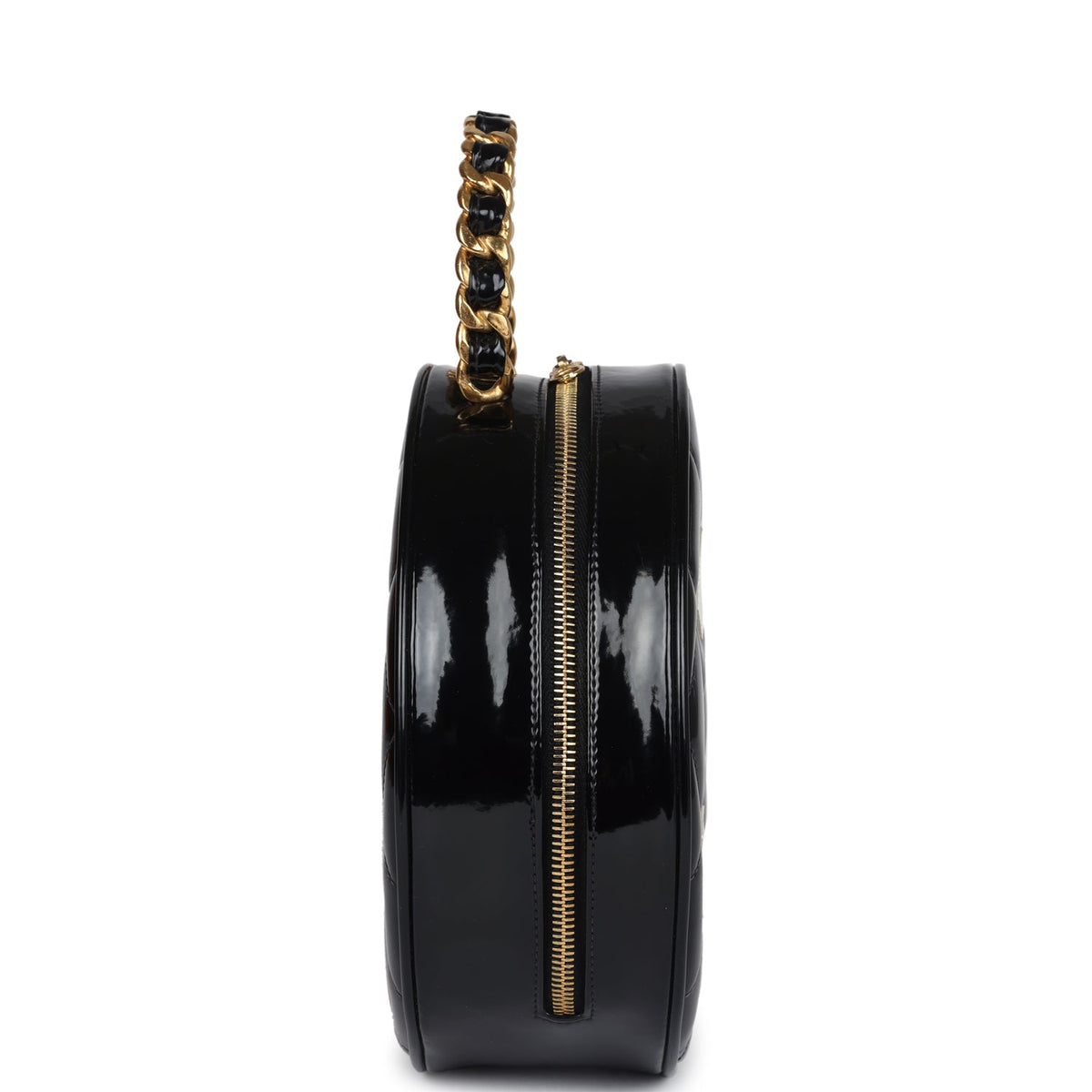 Vintage Chanel Round Vanity Bag Black, White Patent Leather Antique Gold Hardware