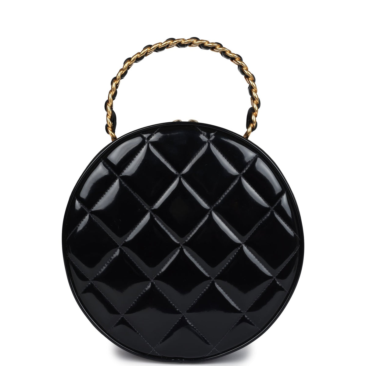 Vintage Chanel Round Vanity Bag Black, White Patent Leather Antique Gold Hardware