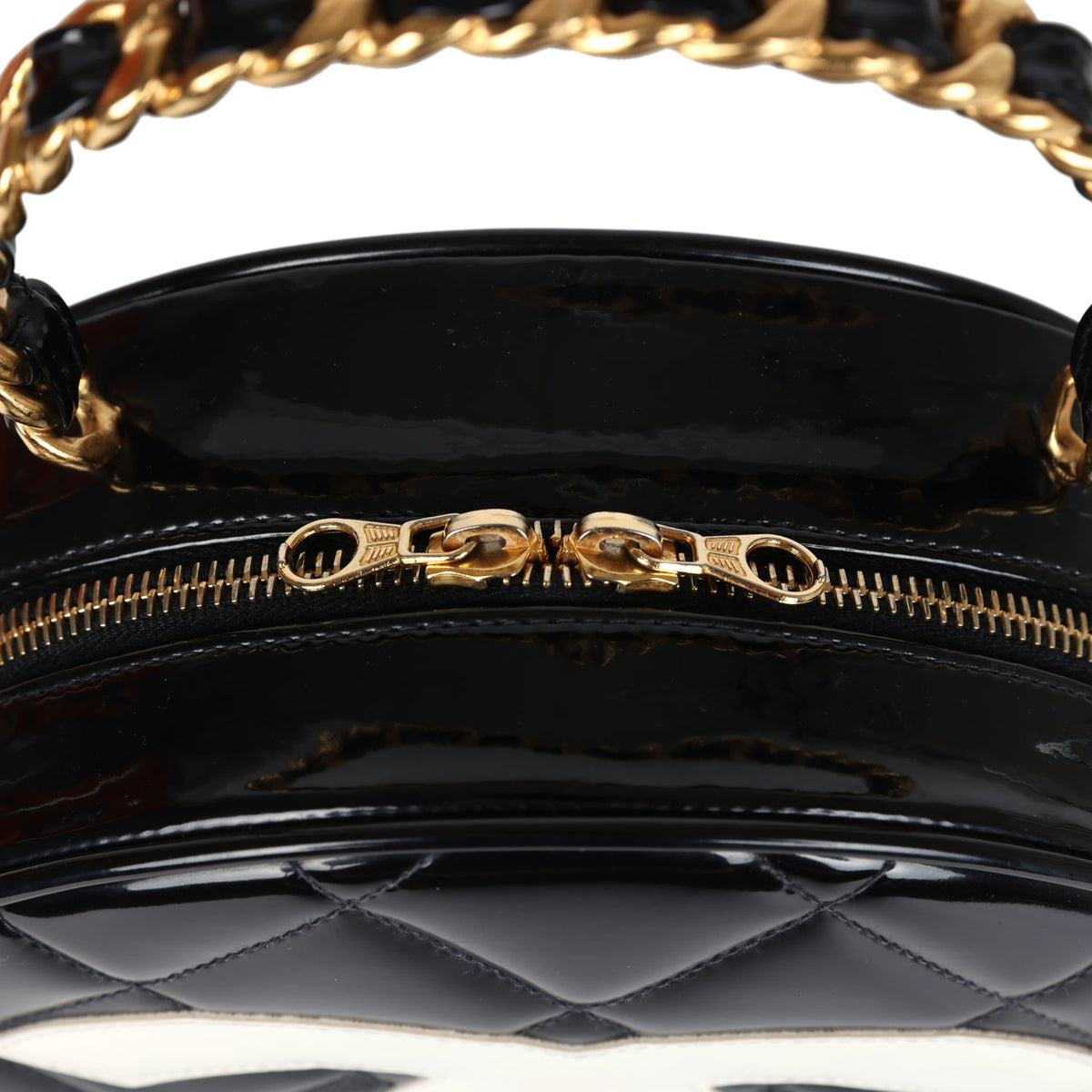 Vintage Chanel Round Vanity Bag Black, White Patent Leather Antique Gold Hardware