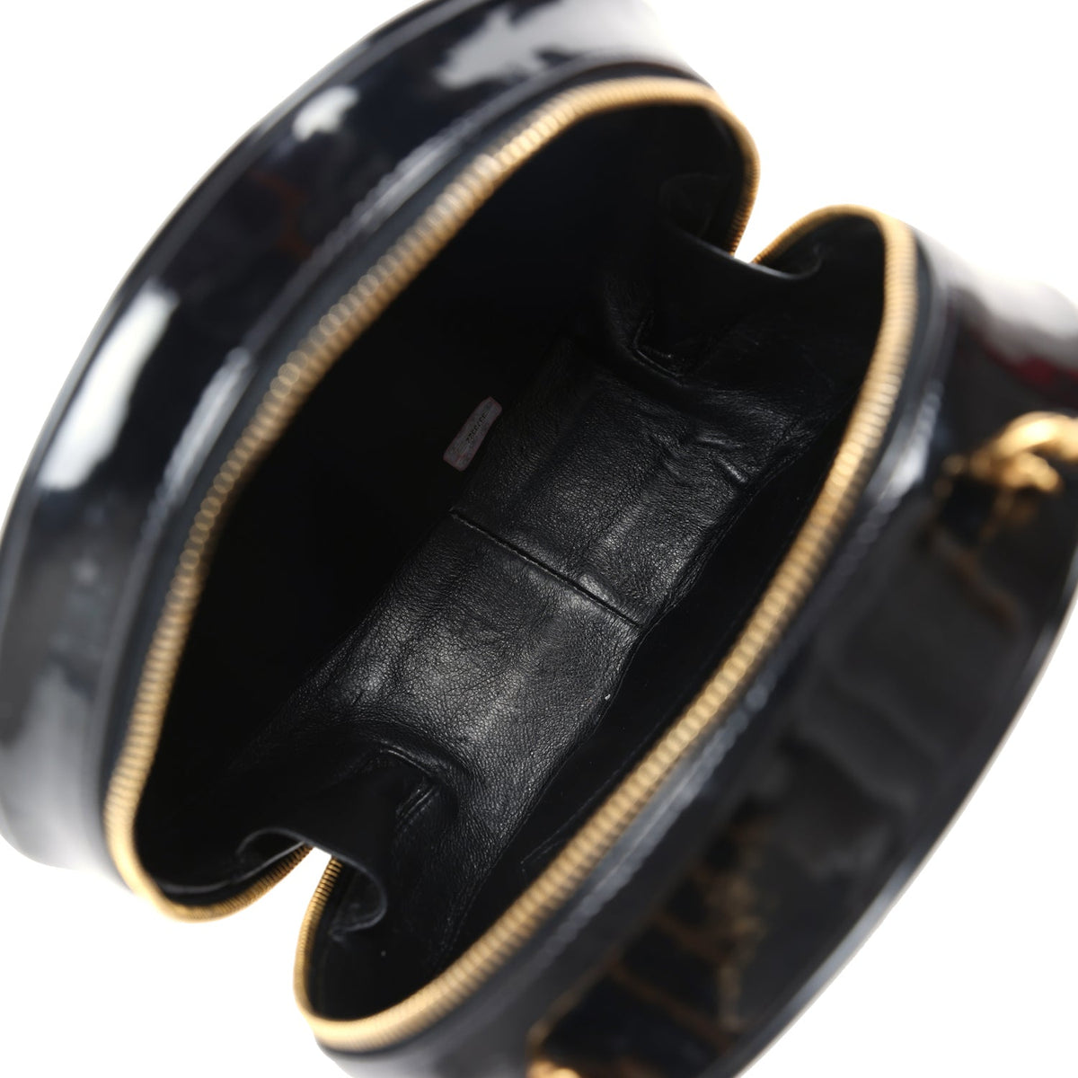 Vintage Chanel Round Vanity Bag Black, White Patent Leather Antique Gold Hardware