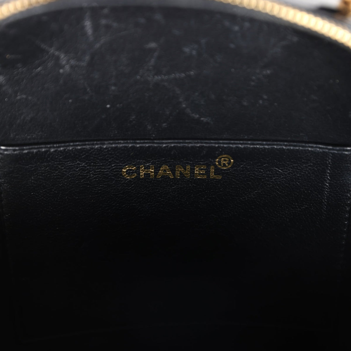 Vintage Chanel Round Vanity Bag Black, White Patent Leather Antique Gold Hardware