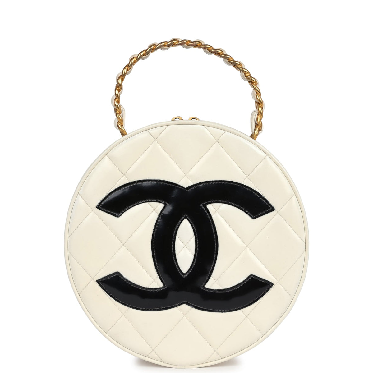 Vintage Chanel Round Vanity Bag White, Black Patent Leather Antique Gold Hardware