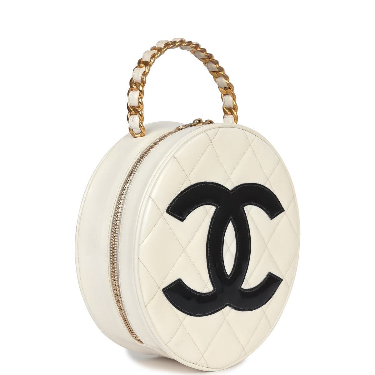 Vintage Chanel Round Vanity Bag White, Black Patent Leather Antique Gold Hardware