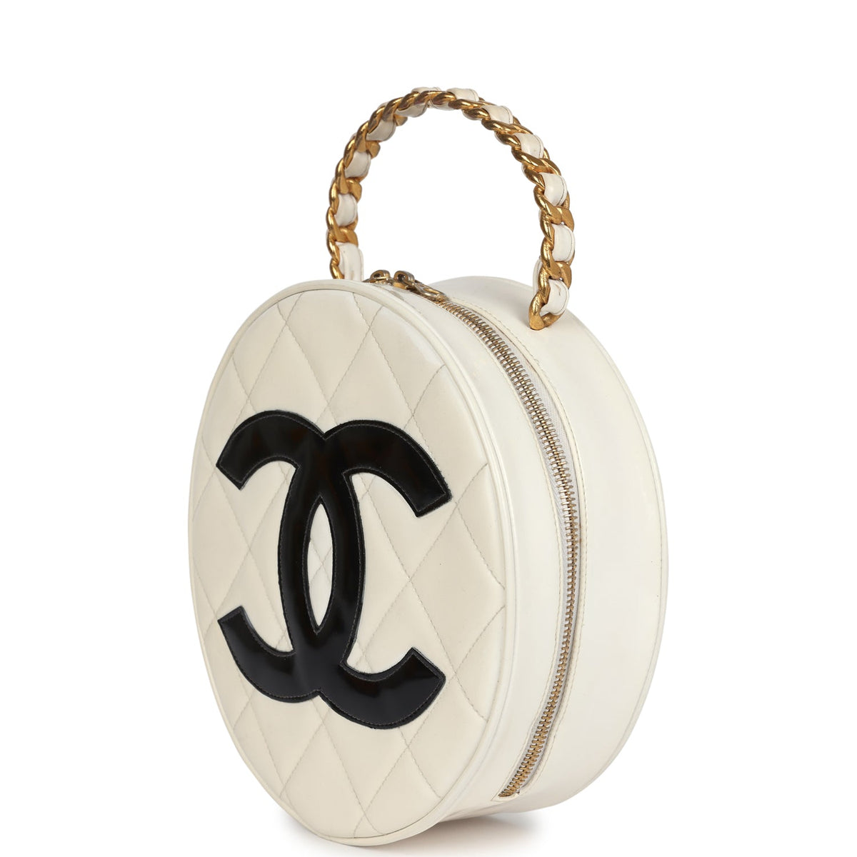 Vintage Chanel Round Vanity Bag White, Black Patent Leather Antique Gold Hardware