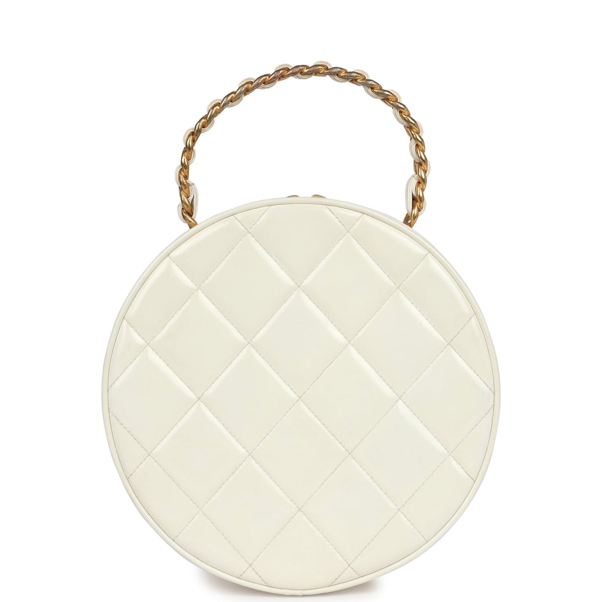 Vintage Chanel Round Vanity Bag White, Black Patent Leather Antique Gold Hardware