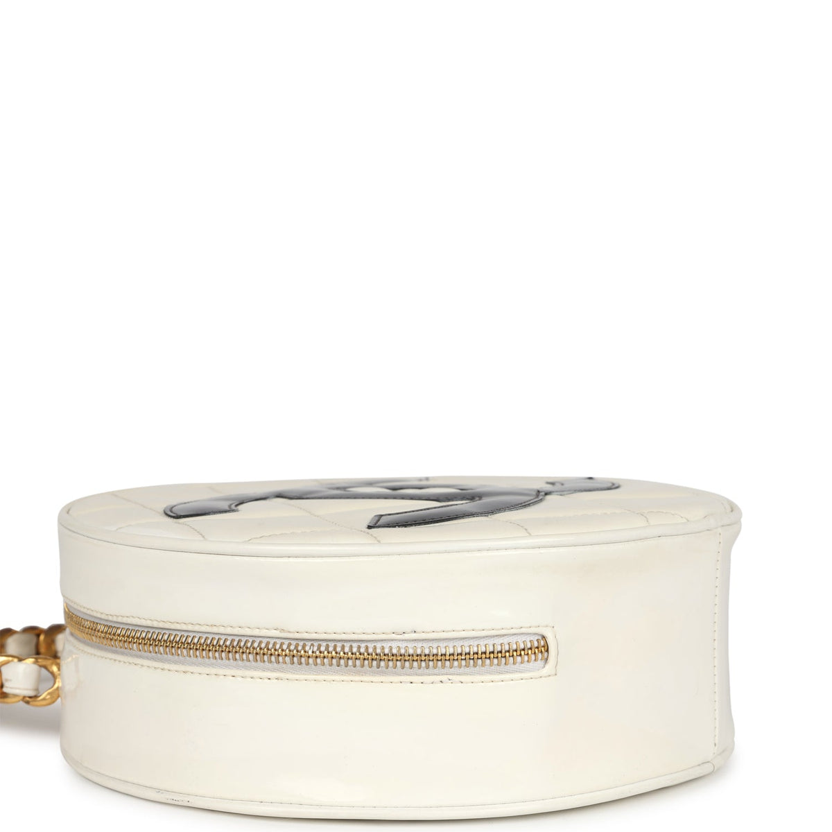 Vintage Chanel Round Vanity Bag White, Black Patent Leather Antique Gold Hardware