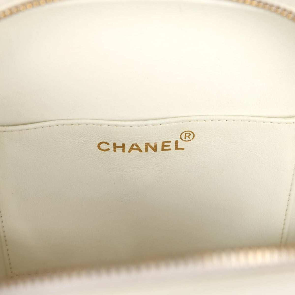 Vintage Chanel Round Vanity Bag White, Black Patent Leather Antique Gold Hardware