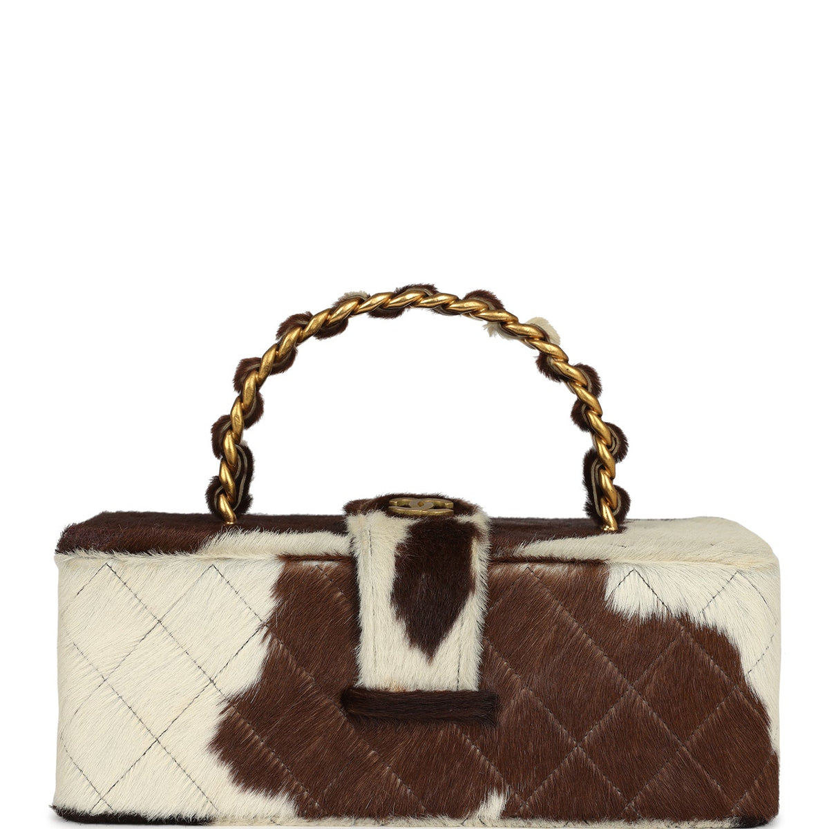 Vintage Chanel Rectangular Vanity Box Brown, White Cow Print Pony Hair Antique Gold Hardware