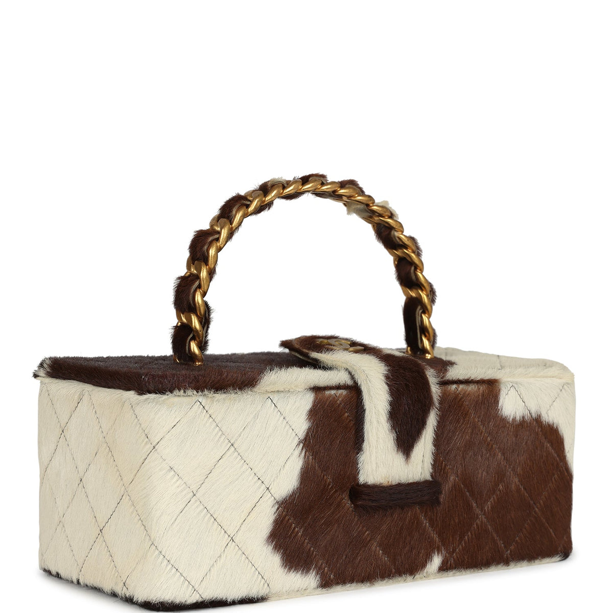 Vintage Chanel Rectangular Vanity Box Brown, White Cow Print Pony Hair Antique Gold Hardware