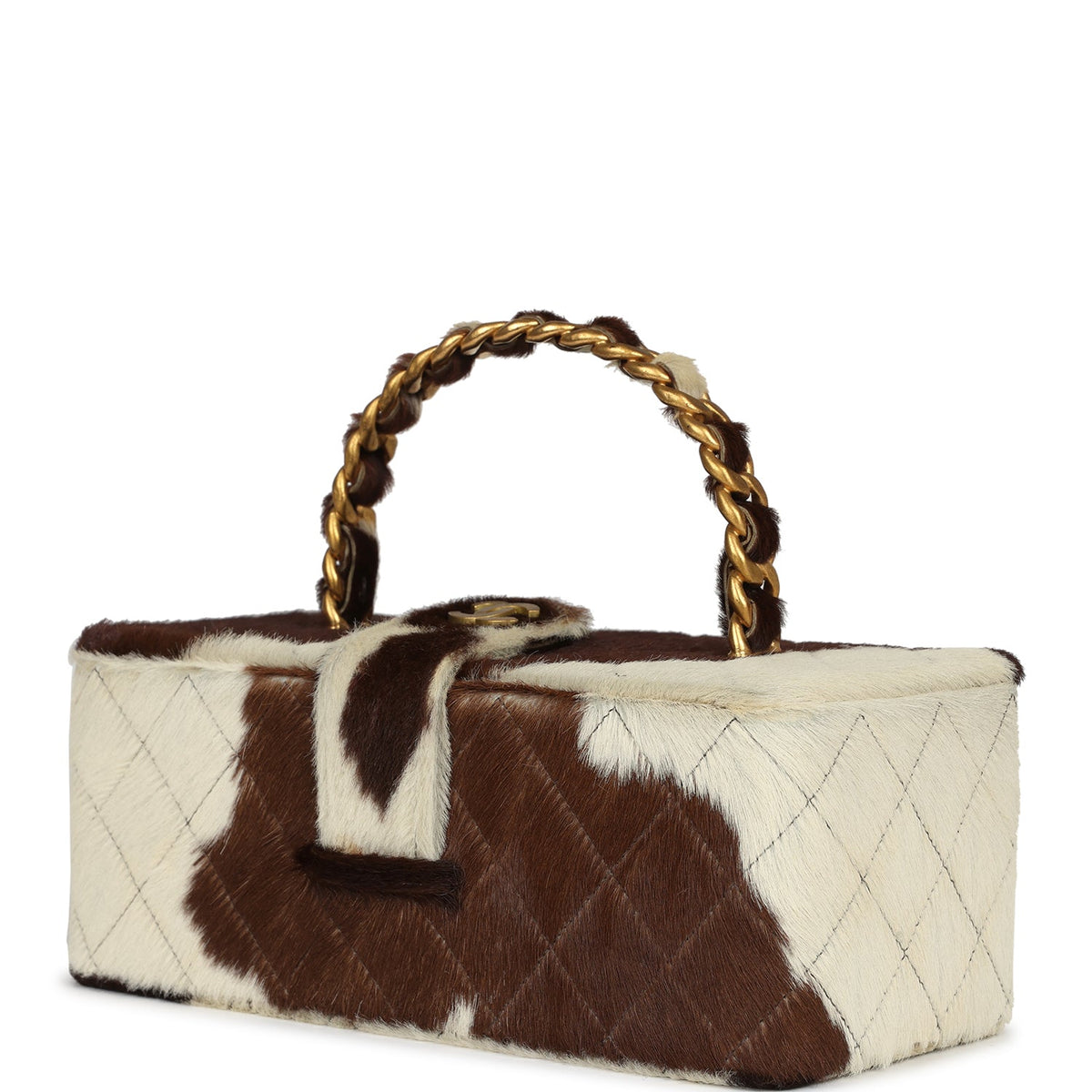 Vintage Chanel Rectangular Vanity Box Brown, White Cow Print Pony Hair Antique Gold Hardware