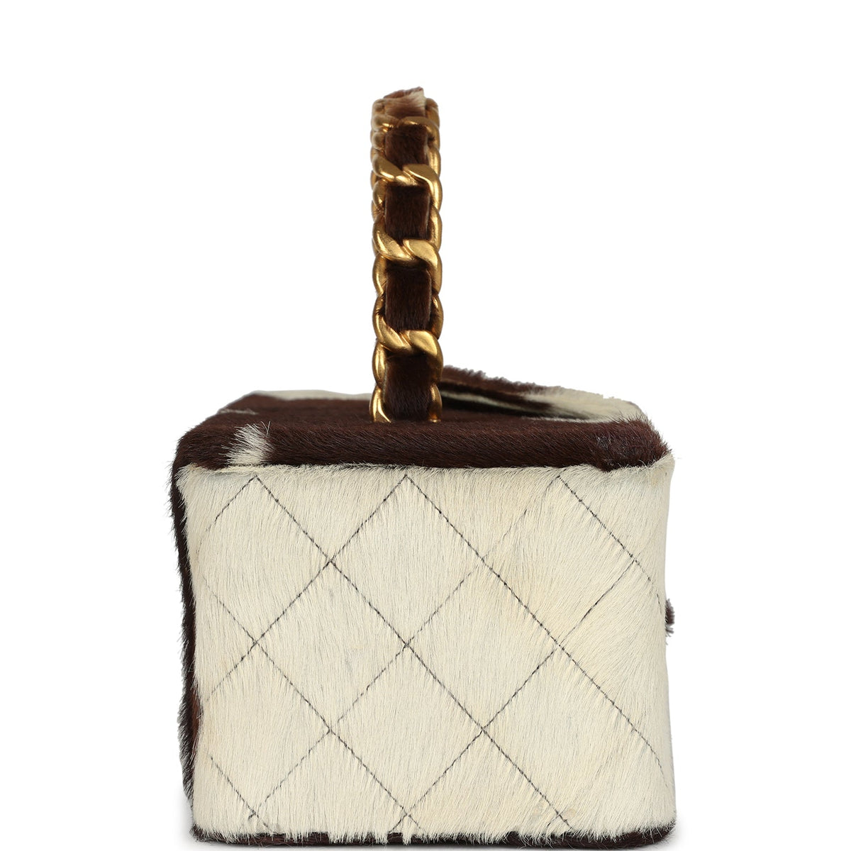Vintage Chanel Rectangular Vanity Box Brown, White Cow Print Pony Hair Antique Gold Hardware