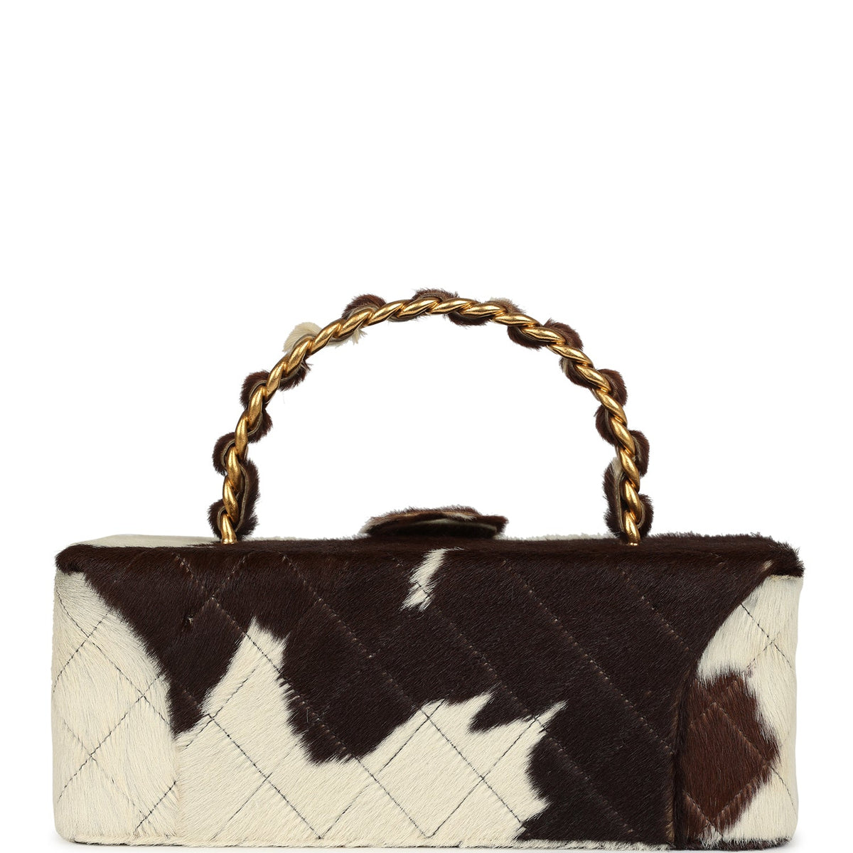 Vintage Chanel Rectangular Vanity Box Brown, White Cow Print Pony Hair Antique Gold Hardware