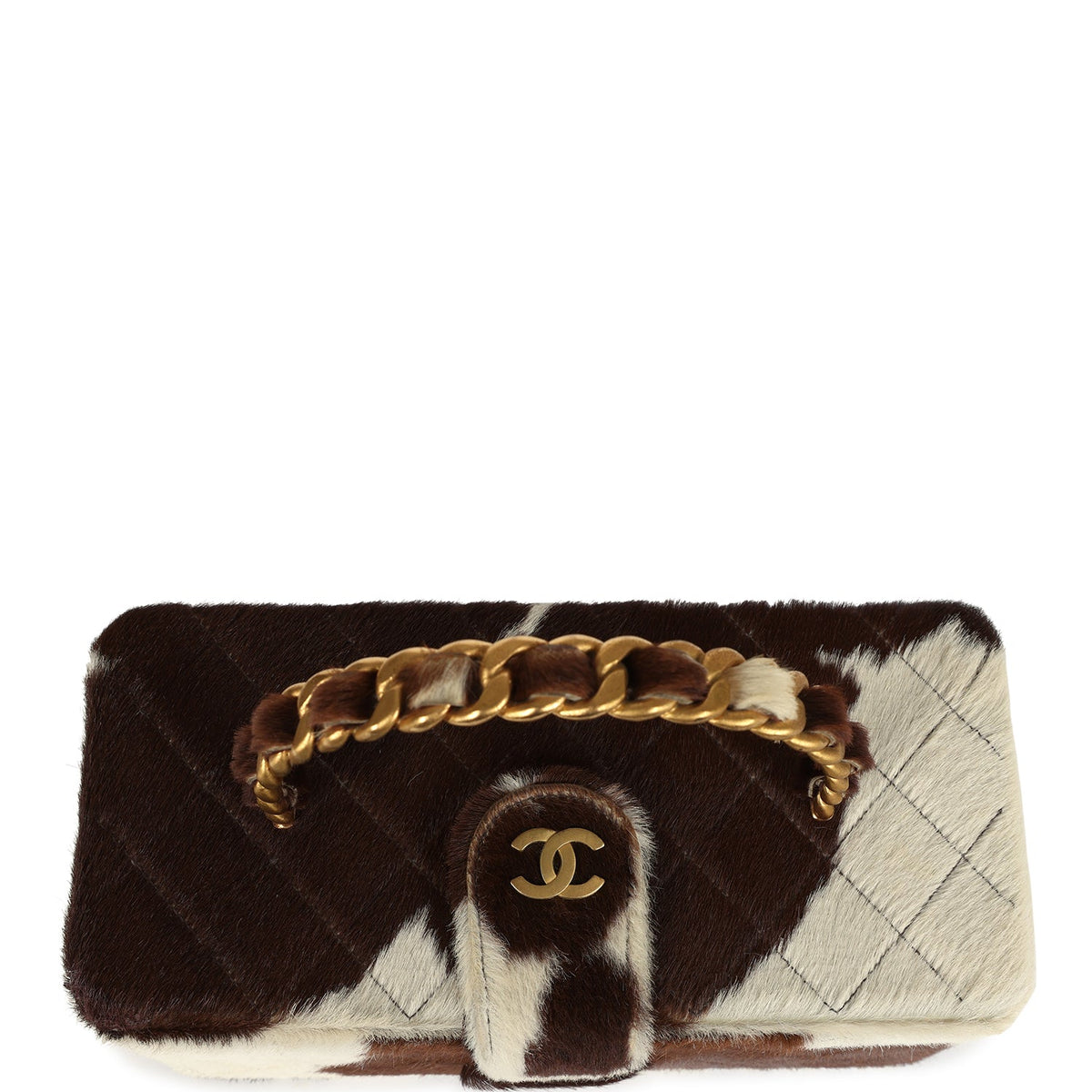 Vintage Chanel Rectangular Vanity Box Brown, White Cow Print Pony Hair Antique Gold Hardware