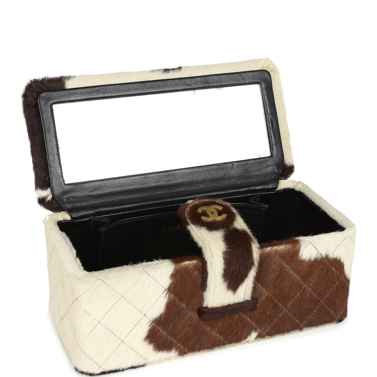 Vintage Chanel Rectangular Vanity Box Brown, White Cow Print Pony Hair Antique Gold Hardware