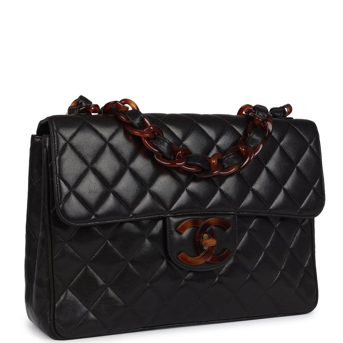 Vintage Chanel Jumbo Classic Single Flap Bag Black Lambskin Tortoiseshell Bakelite Hardware
