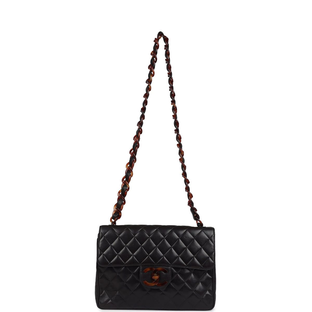 Vintage Chanel Jumbo Classic Single Flap Bag Black Lambskin Tortoiseshell Bakelite Hardware