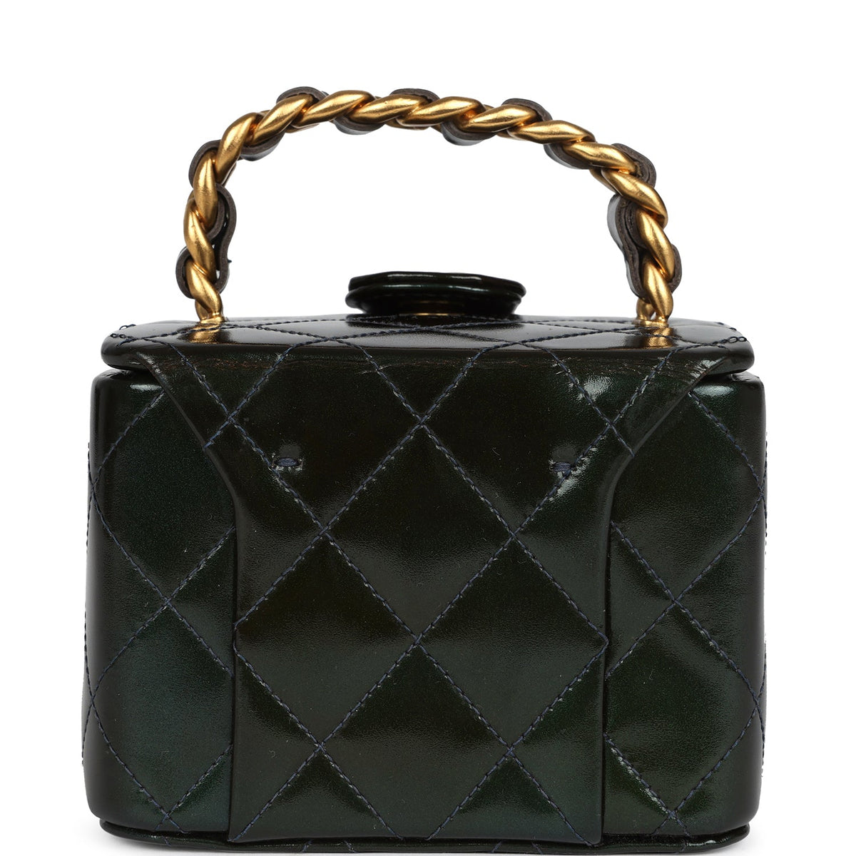 Vintage Chanel Mini Square Vanity Green Patent Antique Gold Hardware