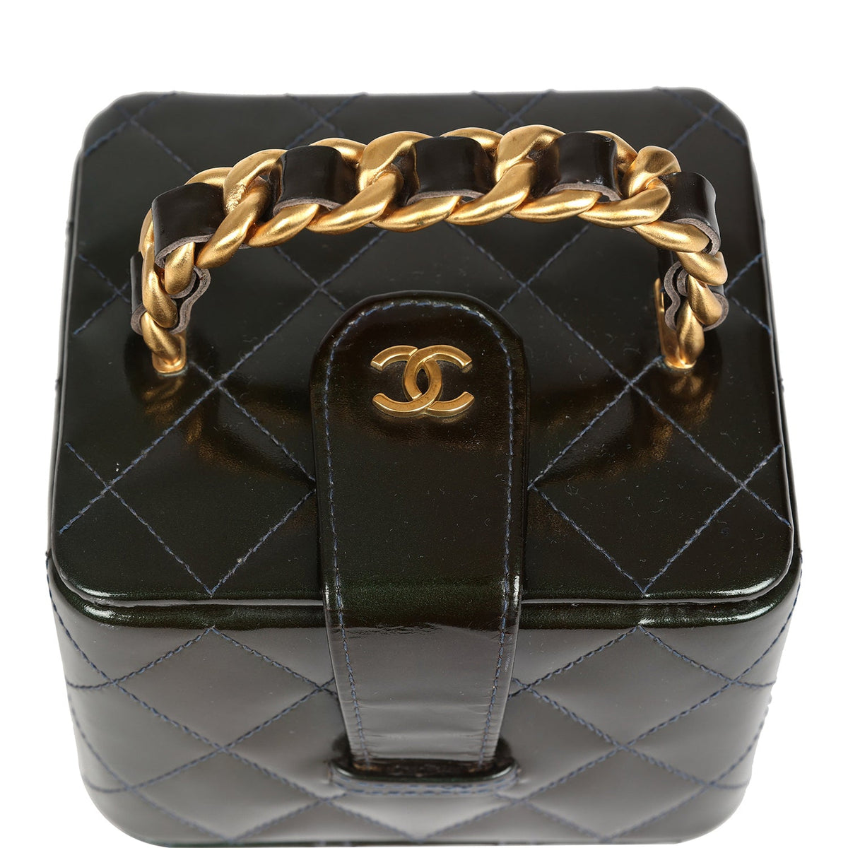 Vintage Chanel Mini Square Vanity Green Patent Antique Gold Hardware