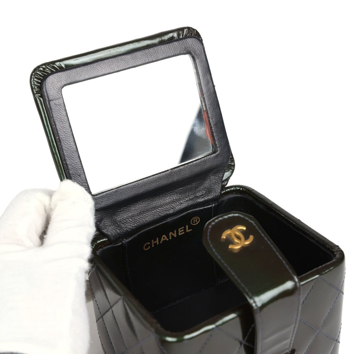 Vintage Chanel Mini Square Vanity Green Patent Antique Gold Hardware