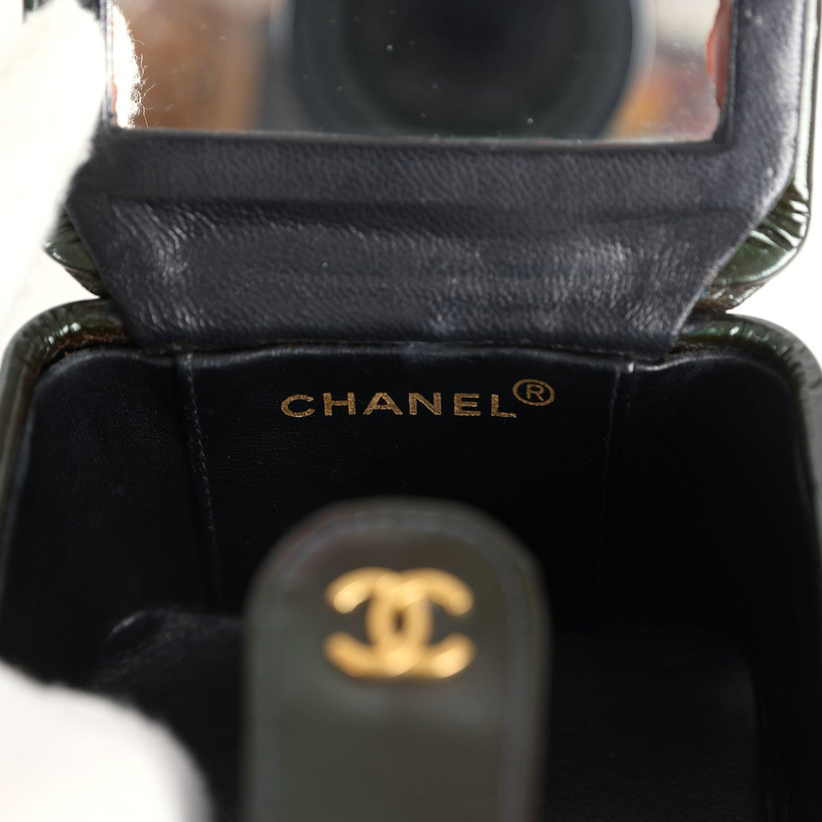 Vintage Chanel Mini Square Vanity Green Patent Antique Gold Hardware