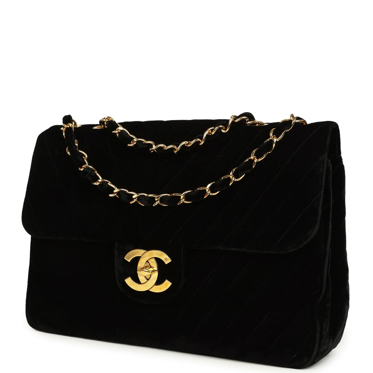 Vintage Chanel XL Classic Chevron Single Flap Bag Black Velvet Gold Hardware