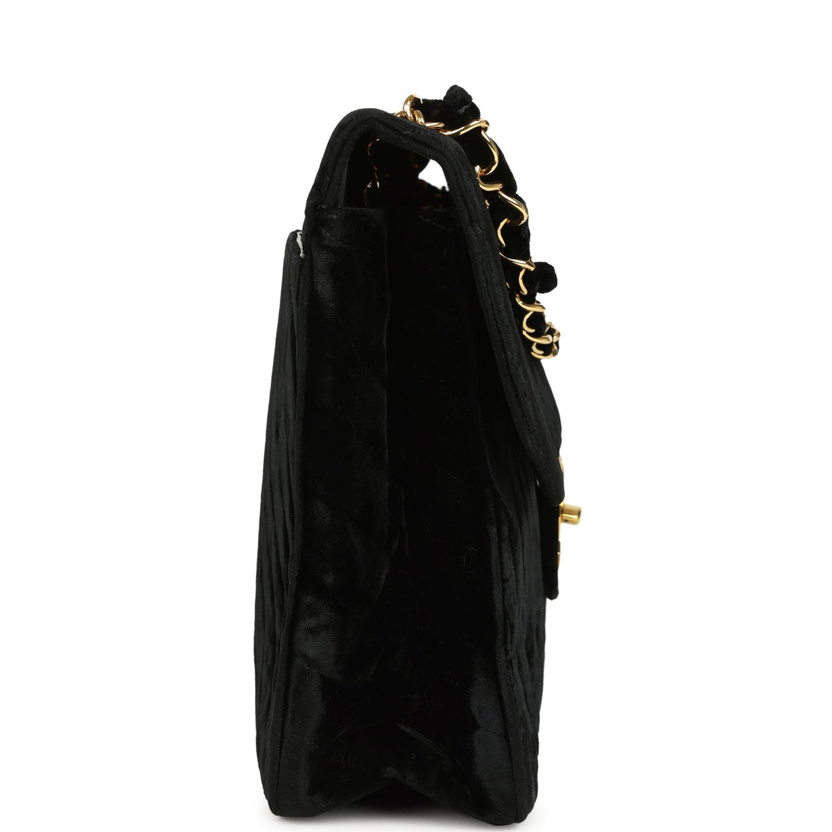 Vintage Chanel XL Classic Chevron Single Flap Bag Black Velvet Gold Hardware