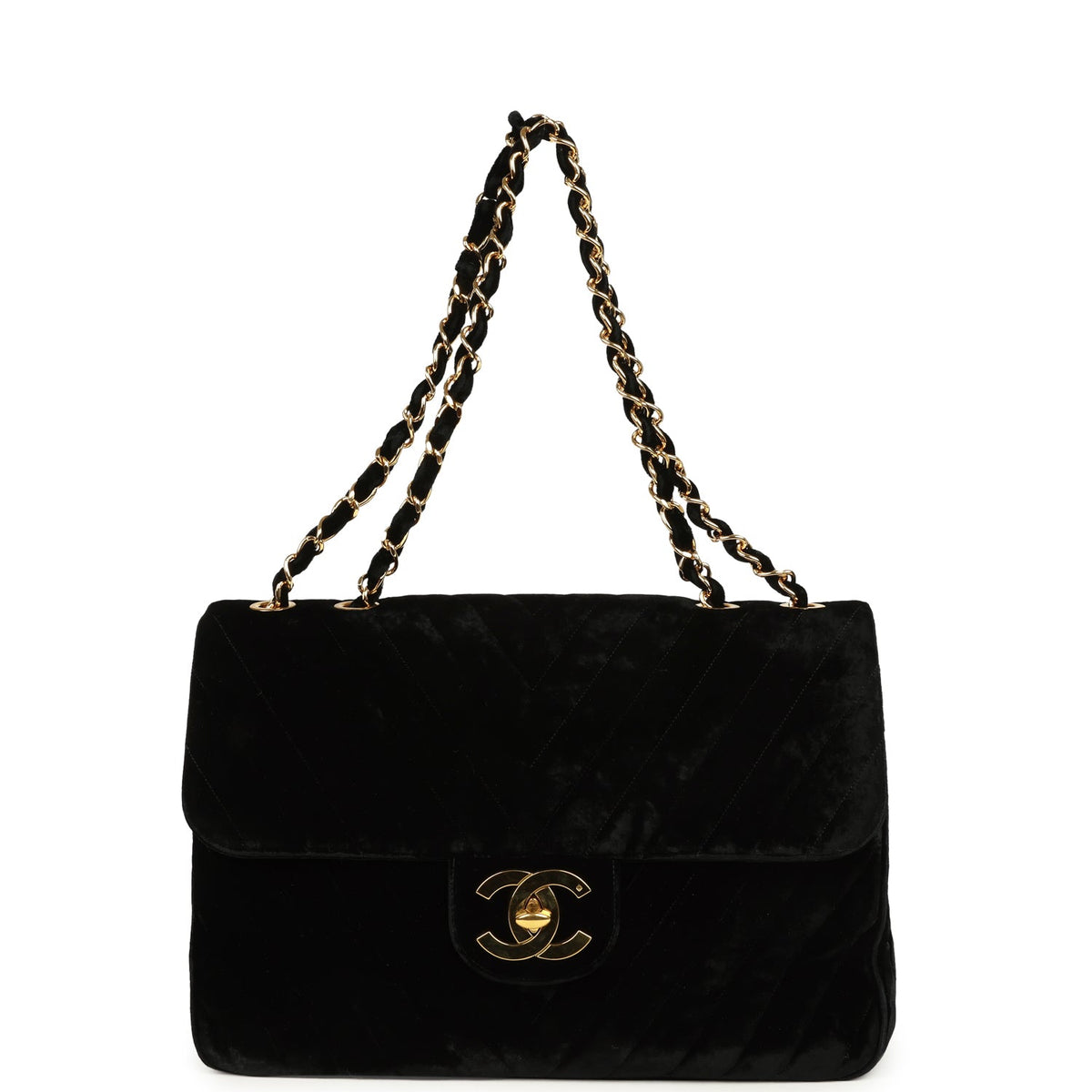 Vintage Chanel XL Classic Chevron Single Flap Bag Black Velvet Gold Hardware