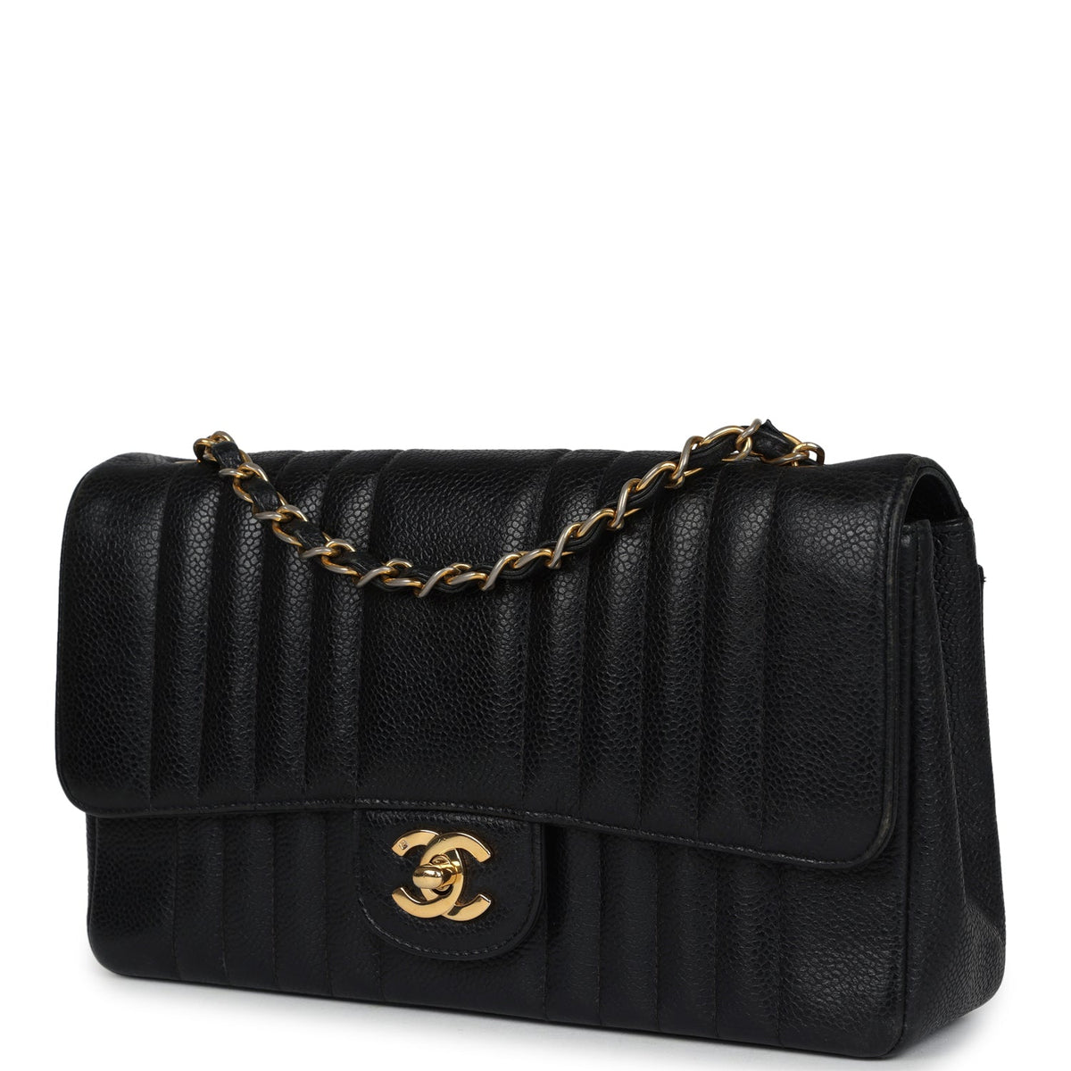 Vintage Chanel Medium Vertical Flap Bag Black Caviar Gold Hardware