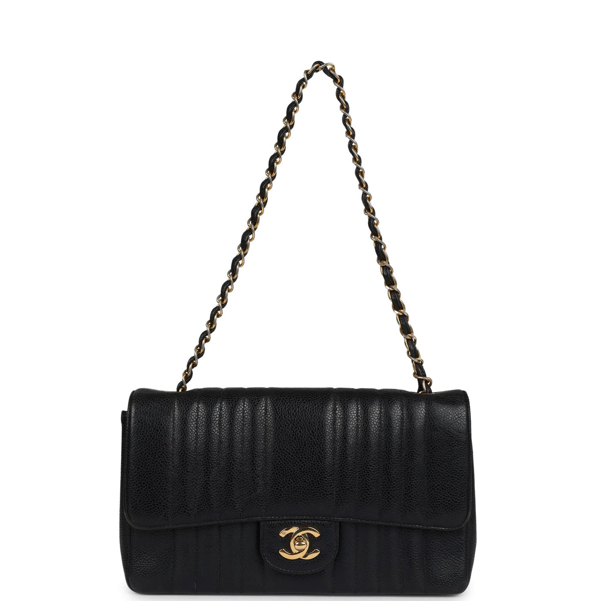 Vintage Chanel Medium Vertical Flap Bag Black Caviar Gold Hardware