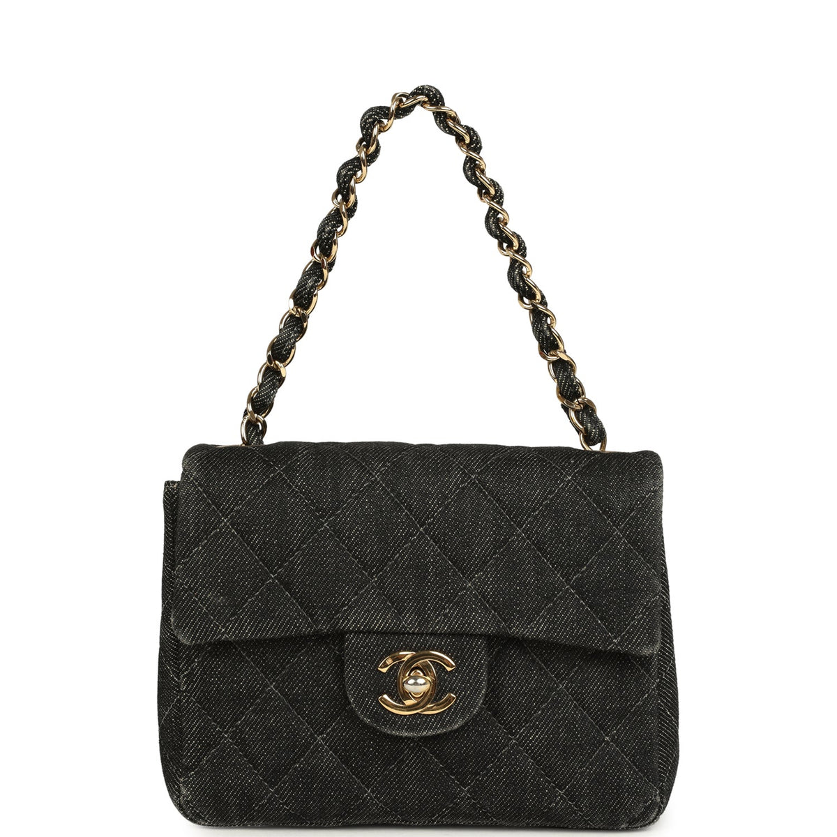 Vintage Chanel Mini Square Flap Bag Black Denim Gold Hardware