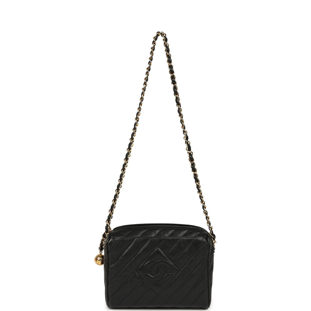 Vintage Chanel Mini Diagonal Quilted Camera Bag Black Caviar Gold Hardware