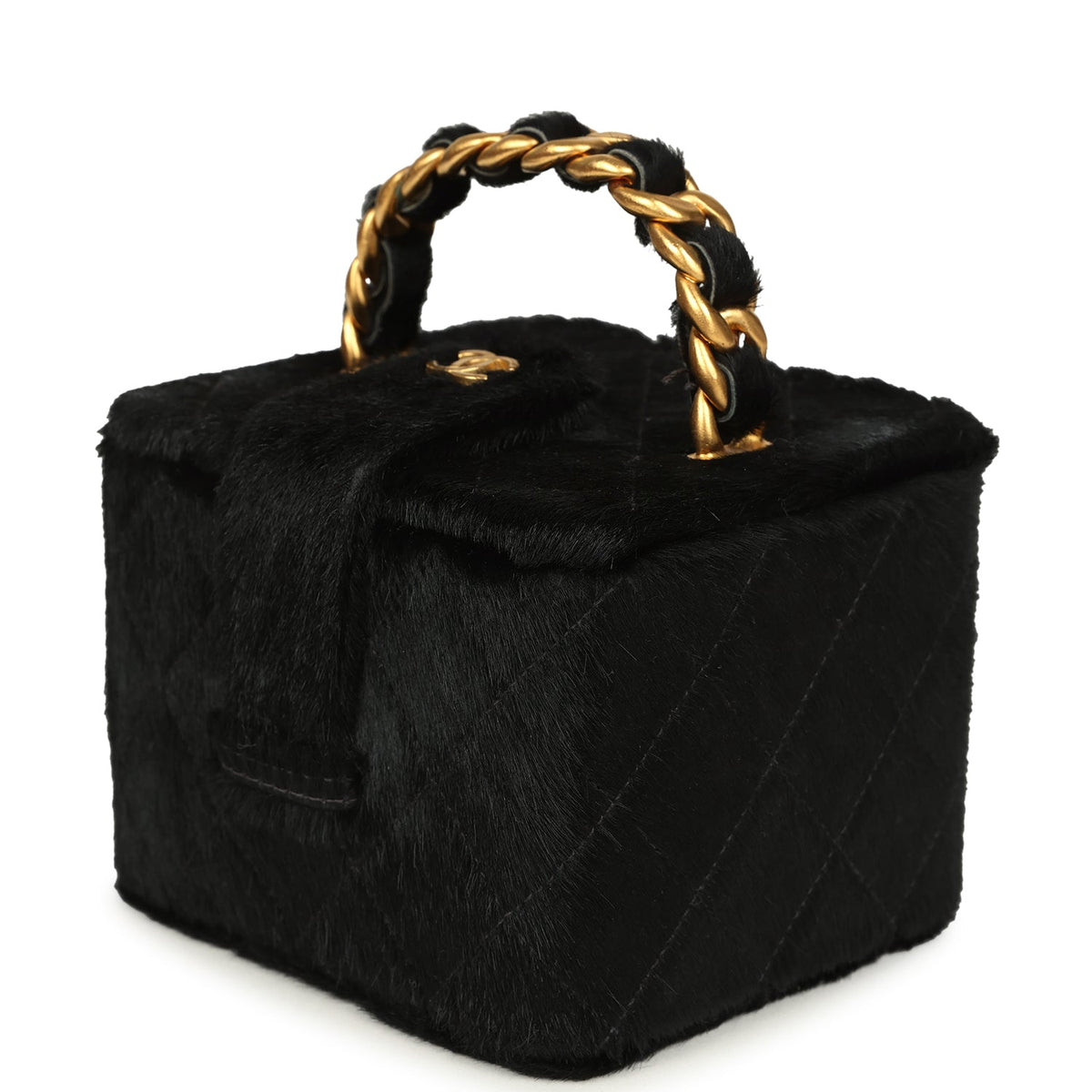 Vintage Chanel Square Vanity Box Black Pony Hair Antique Gold Hardware