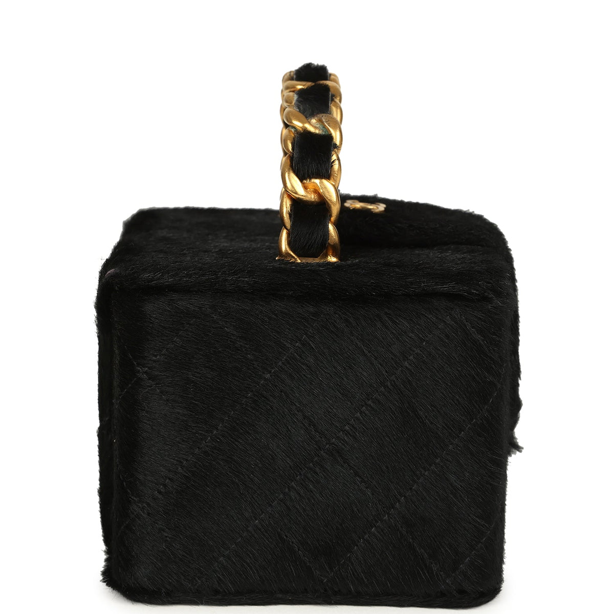 Vintage Chanel Square Vanity Box Black Pony Hair Antique Gold Hardware