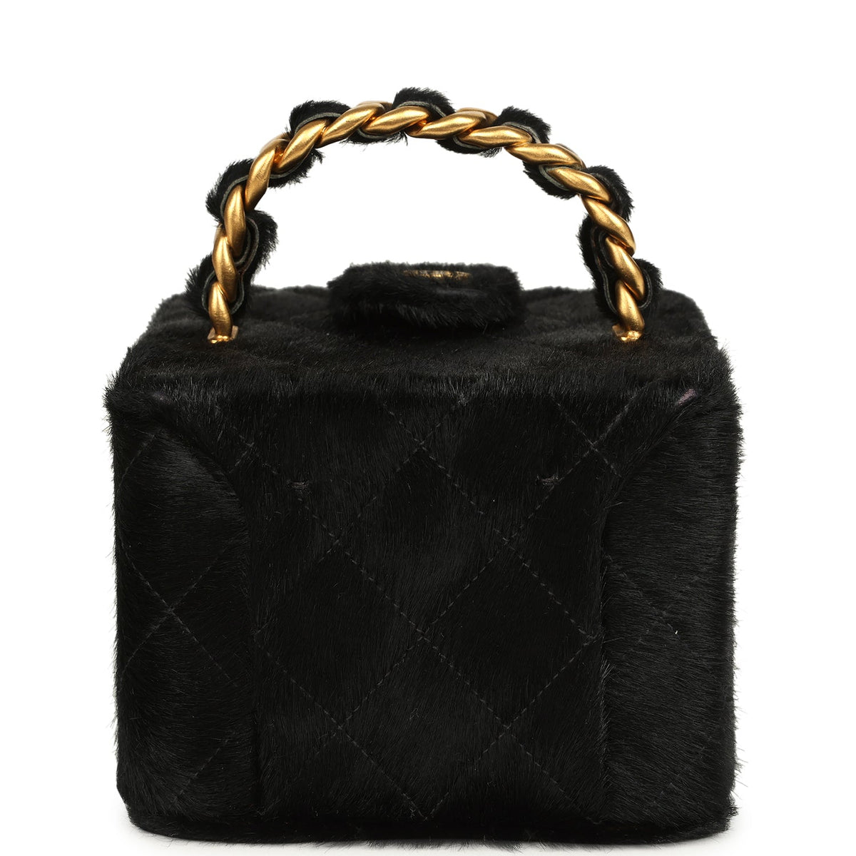Vintage Chanel Square Vanity Box Black Pony Hair Antique Gold Hardware
