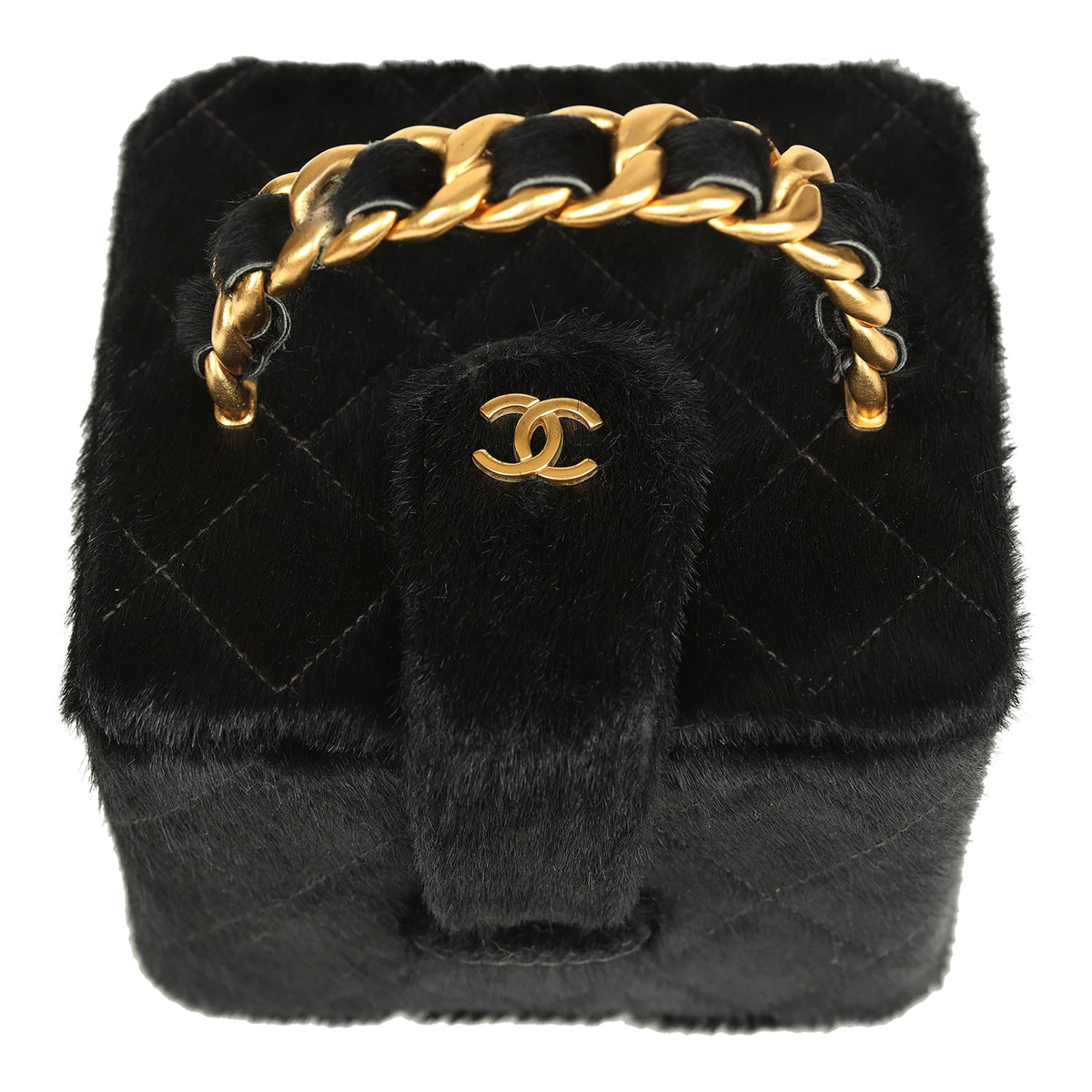 Vintage Chanel Square Vanity Box Black Pony Hair Antique Gold Hardware