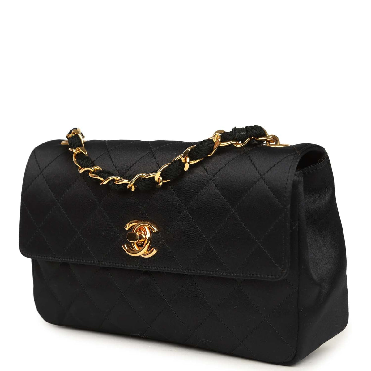 Vintage Chanel Mini Rectangular Flap Bag Black Satin Gold Hardware