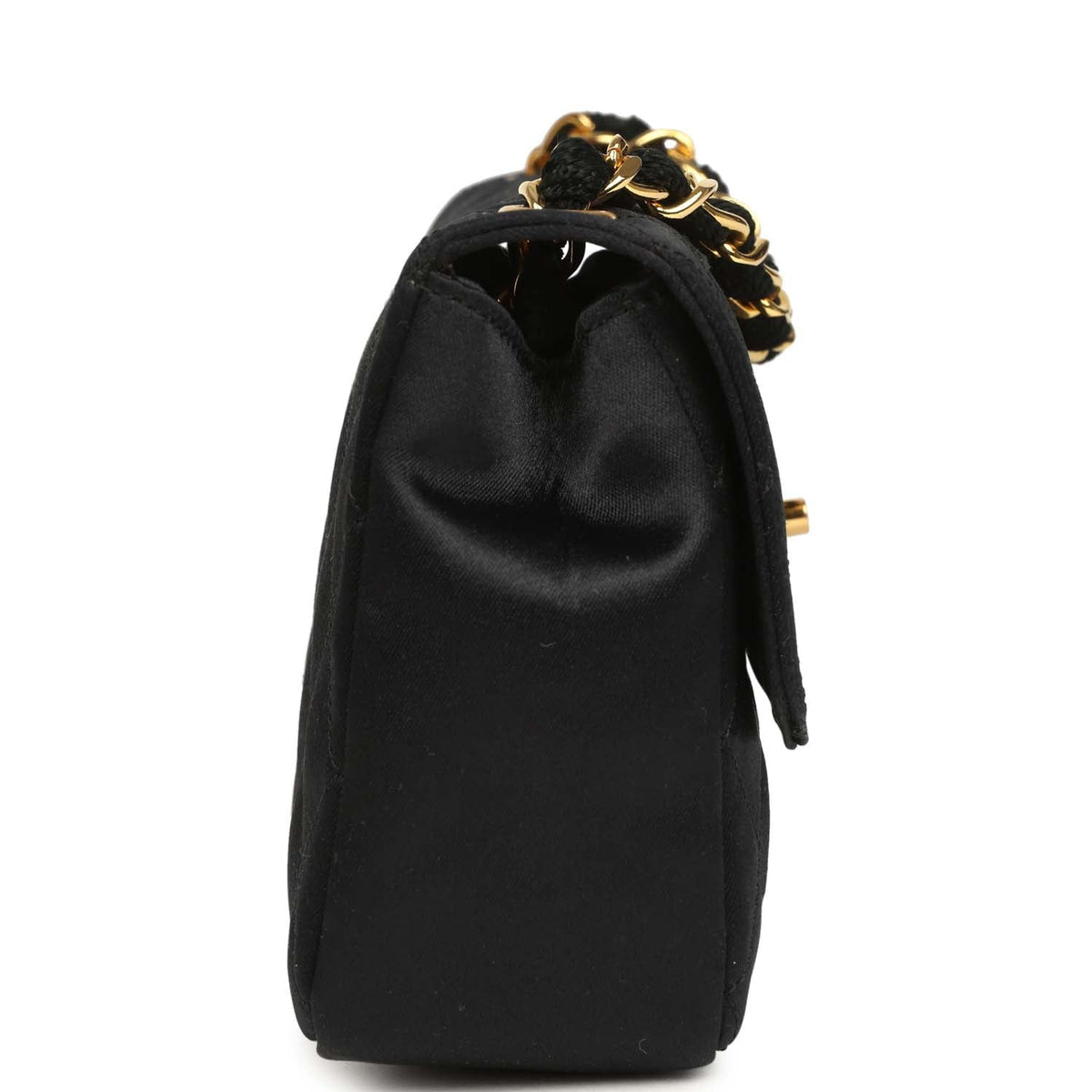 Vintage Chanel Mini Rectangular Flap Bag Black Satin Gold Hardware