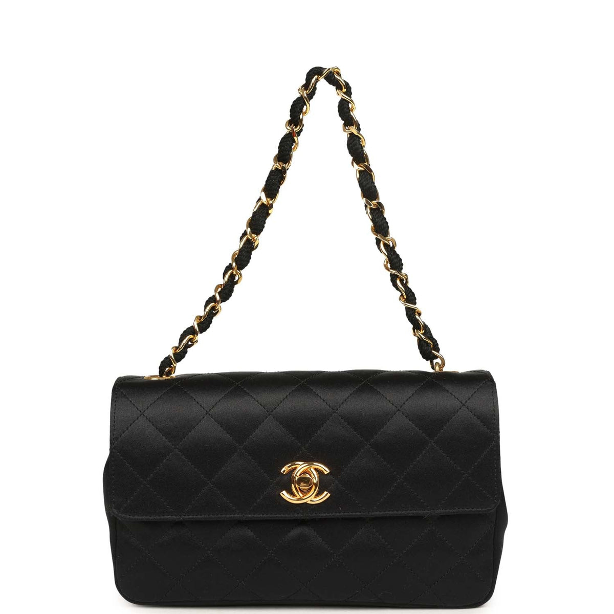 Vintage Chanel Mini Rectangular Flap Bag Black Satin Gold Hardware