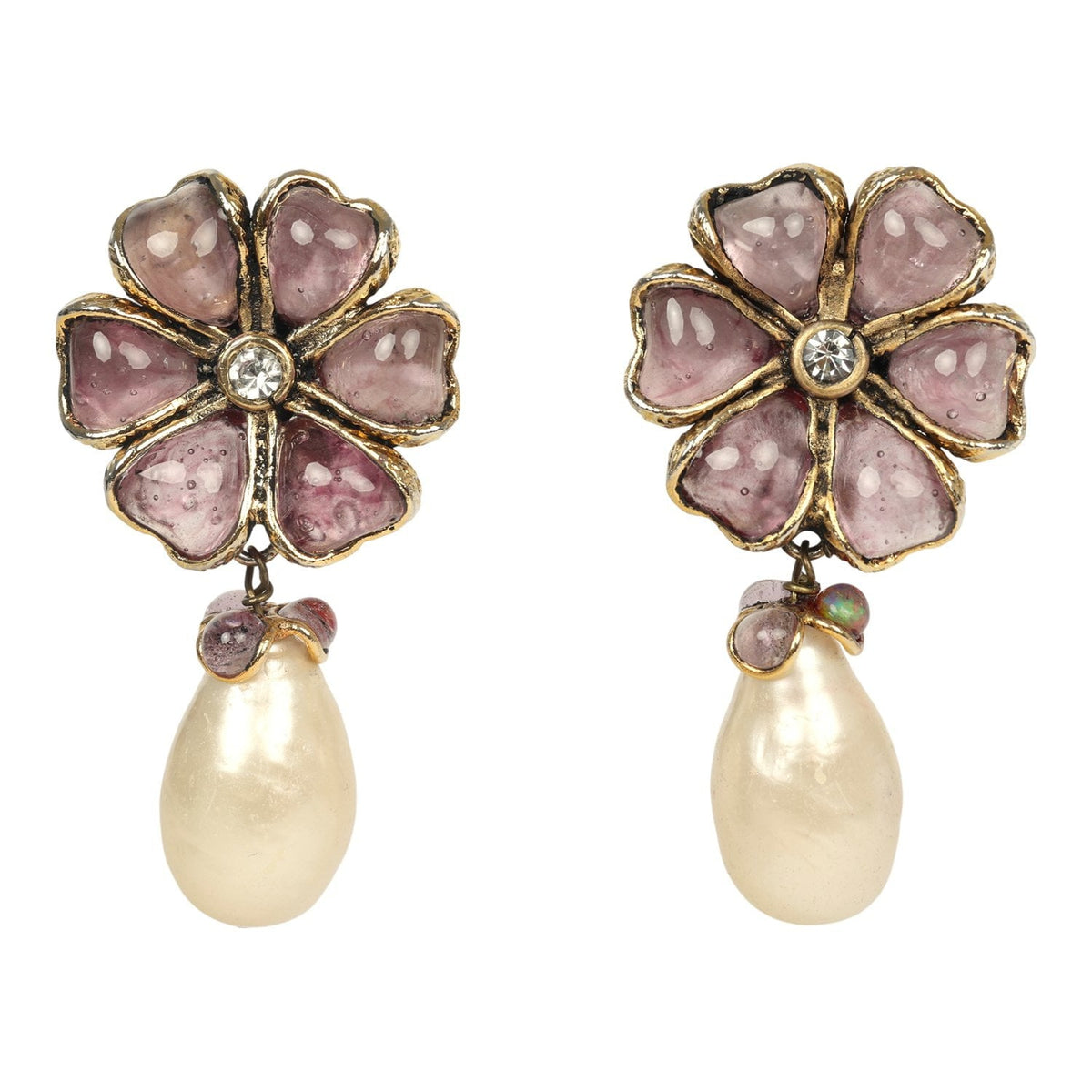 Vintage Chanel Gripoix Flower and Pearl Drop Earrings Purple Gold Plated Hardware