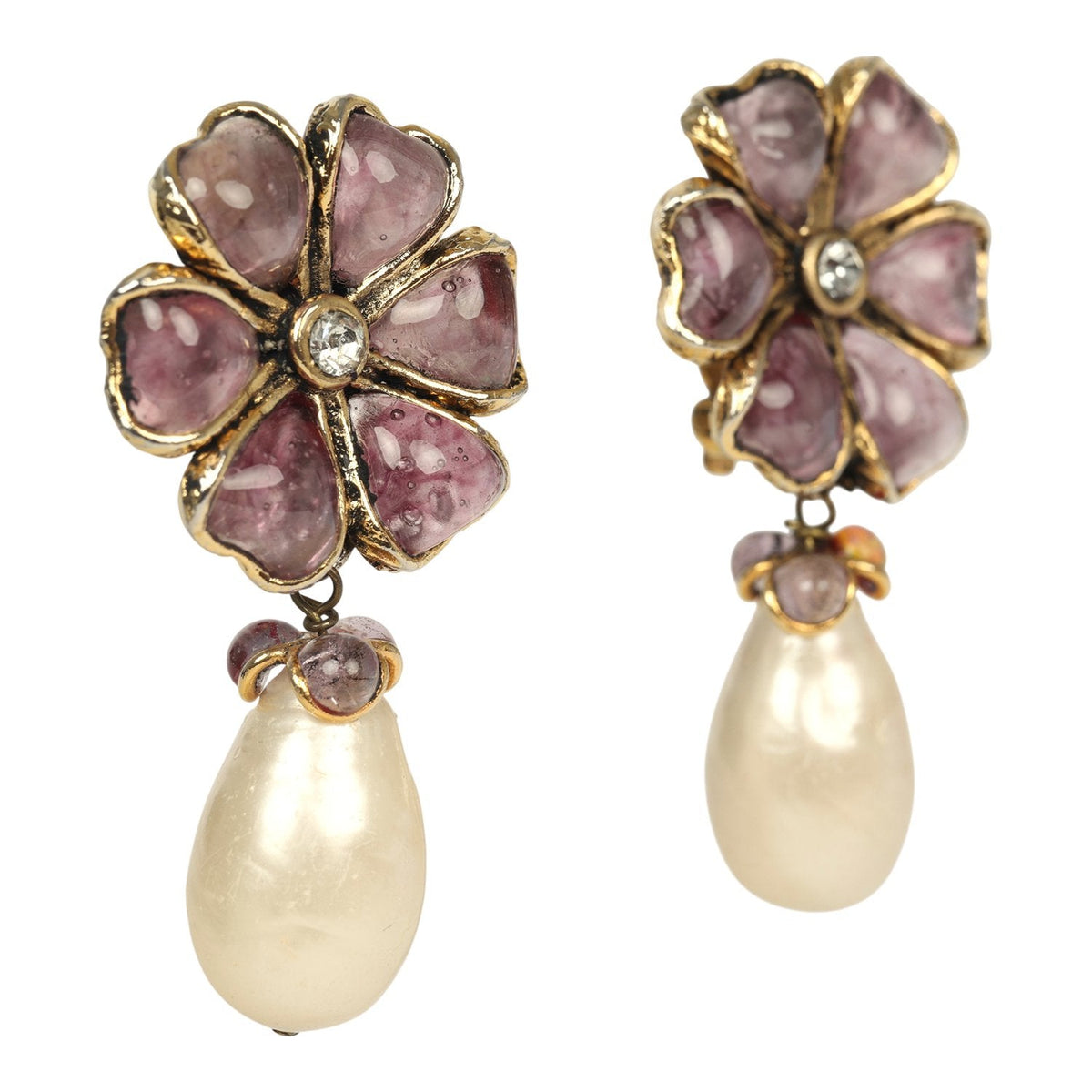 Vintage Chanel Gripoix Flower and Pearl Drop Earrings Purple Gold Plated Hardware
