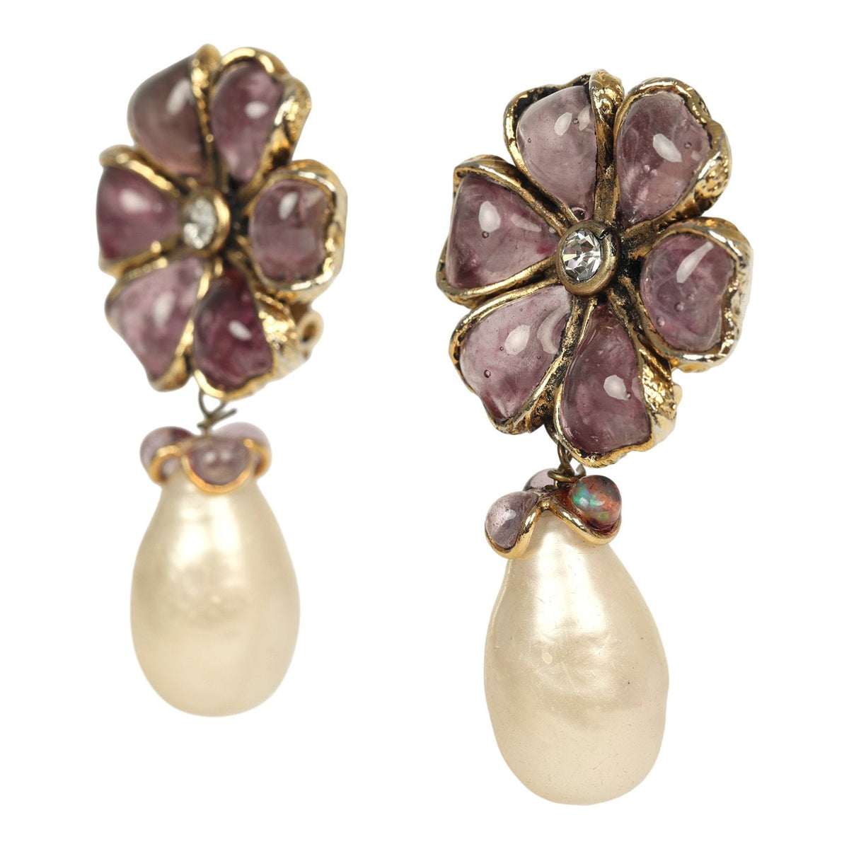 Vintage Chanel Gripoix Flower and Pearl Drop Earrings Purple Gold Plated Hardware