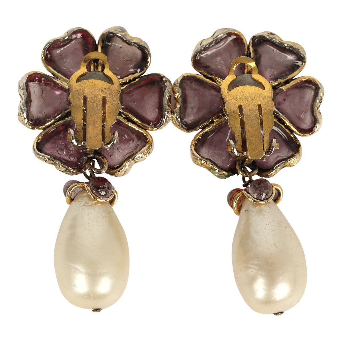 Vintage Chanel Gripoix Flower and Pearl Drop Earrings Purple Gold Plated Hardware