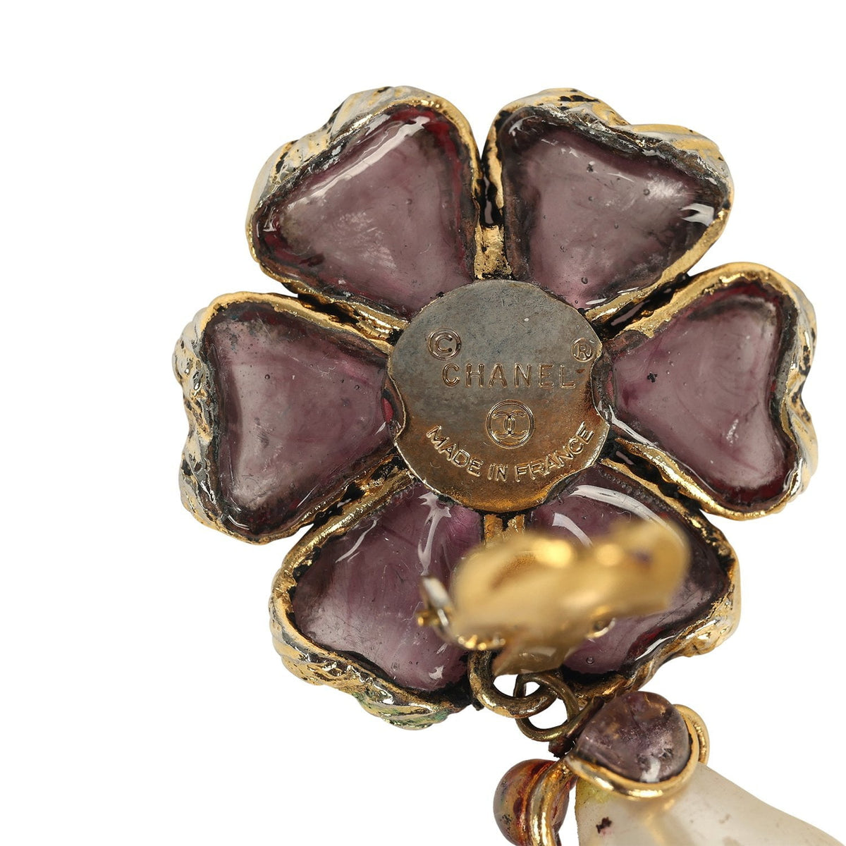 Vintage Chanel Gripoix Flower and Pearl Drop Earrings Purple Gold Plated Hardware